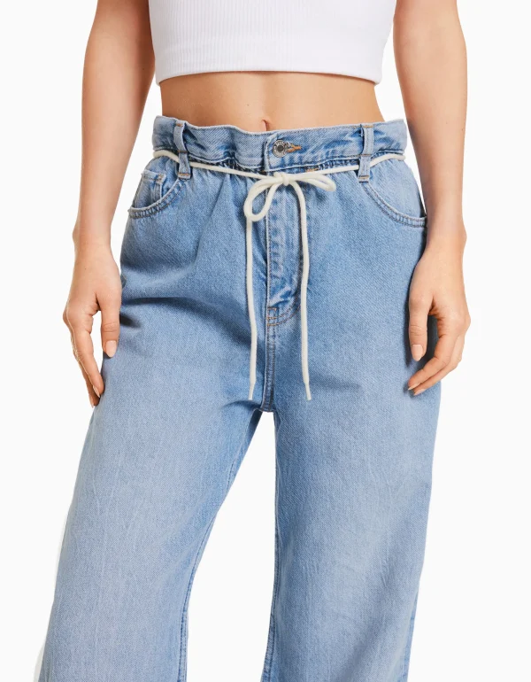 BERSHKA Vêtements*Jean straight taille élastique Bleu lavé