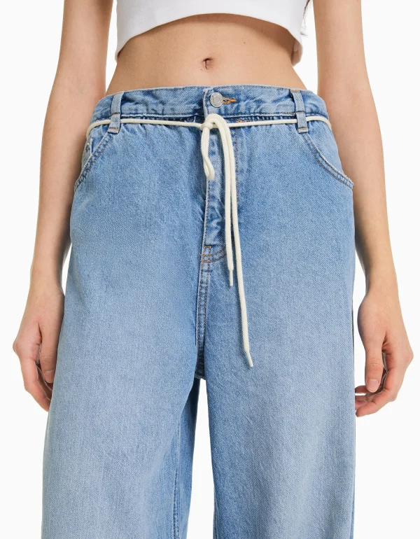 BERSHKA Vêtements*Jean straight taille élastique Bleu lavé