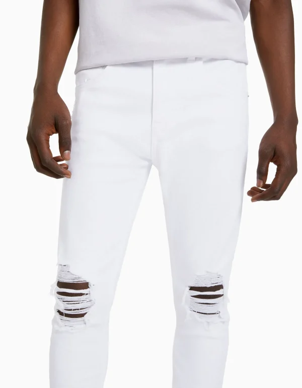 BERSHKA Jeans*Jeans super skinny déchirés Blanc