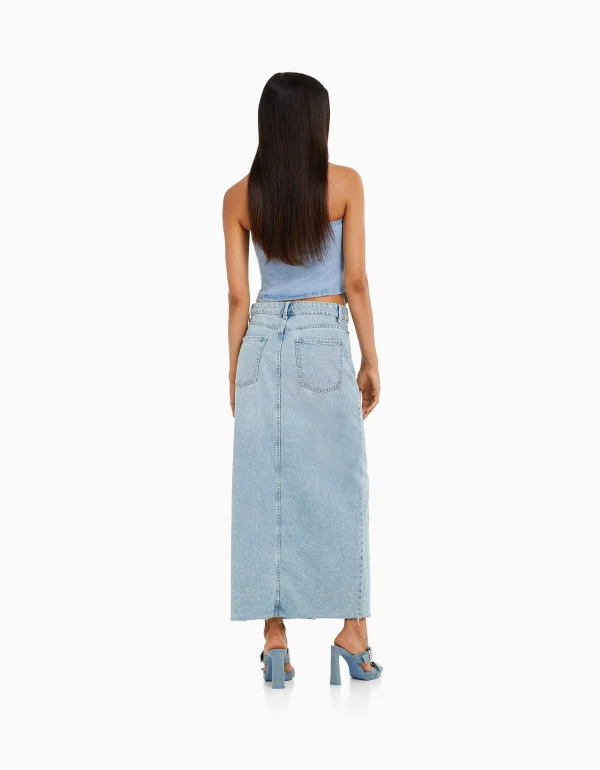 BERSHKA Vêtements*Jupe longue denim Bleu lavé