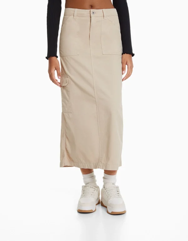 BERSHKA Vêtements*Jupe midi carpenter coton Sable