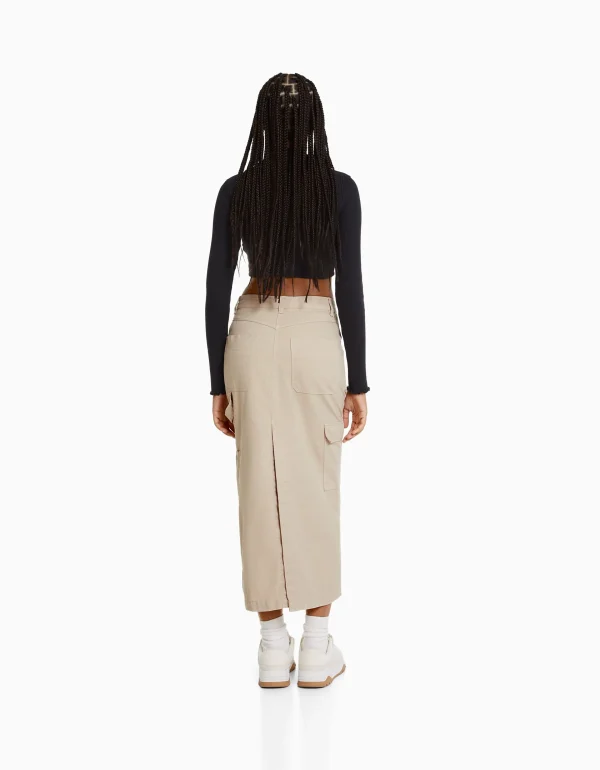 BERSHKA Vêtements*Jupe midi carpenter coton Sable