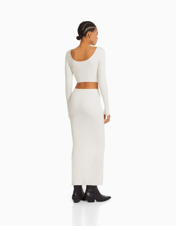 BERSHKA Vêtements*Jupe midi maille bord-côte Écru