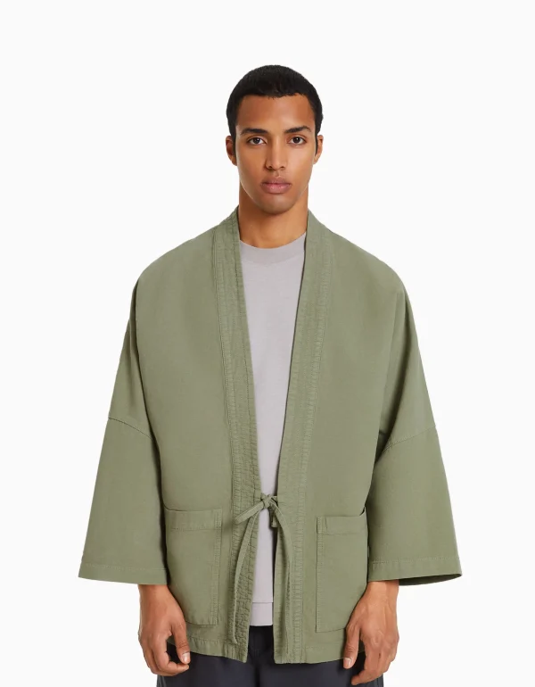 BERSHKA Surchemises*Kimono manches longues poches Kaki