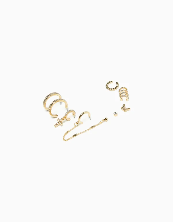 BERSHKA Tout voir*Lot 8 boucles d’eilles anneaux ear cuff pierres fantaisie croix Or