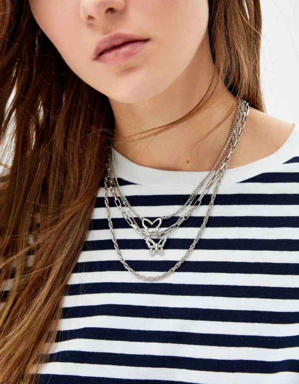 BERSHKA Tout voir*Lot 4 colliers à maillons papillon Argent