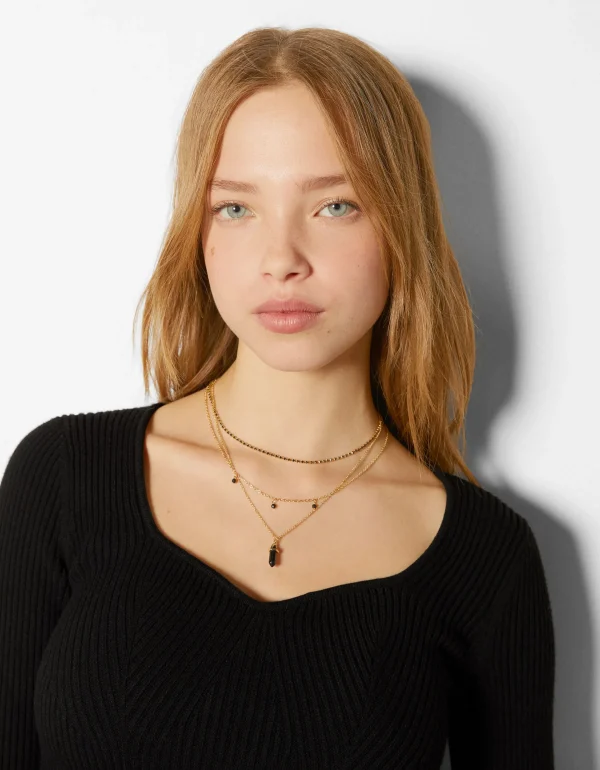 BERSHKA Tout voir*Lot 4 colliers pierres fantaisie Or