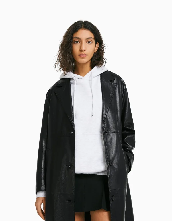 BERSHKA Similicuir*Manteau long en similicuir Noir