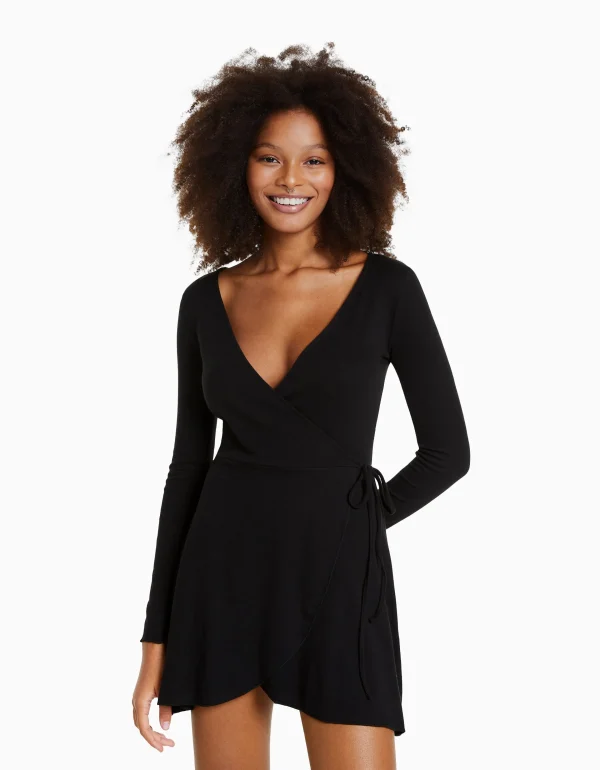 BERSHKA Robes*Minirobe manches longues Noir