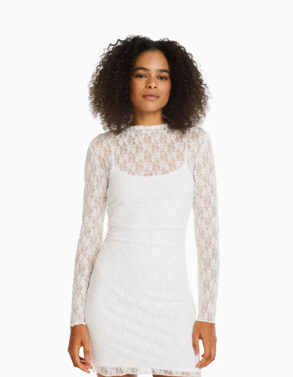 BERSHKA Vêtements*Mini-robe manches longues en dentelle détail encolure Écru