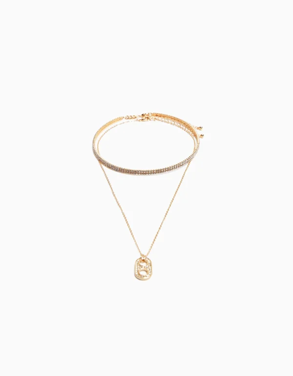 BERSHKA Tout voir*Pack 2 colliers ras du cou et chaîne charm Or