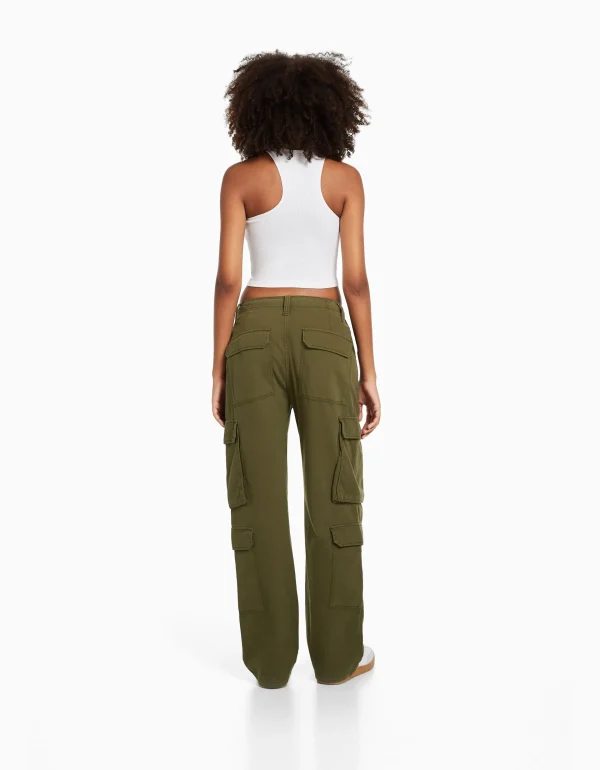 BERSHKA BSK Teen*Pantalon cargo moulant serge multipoches Kaki