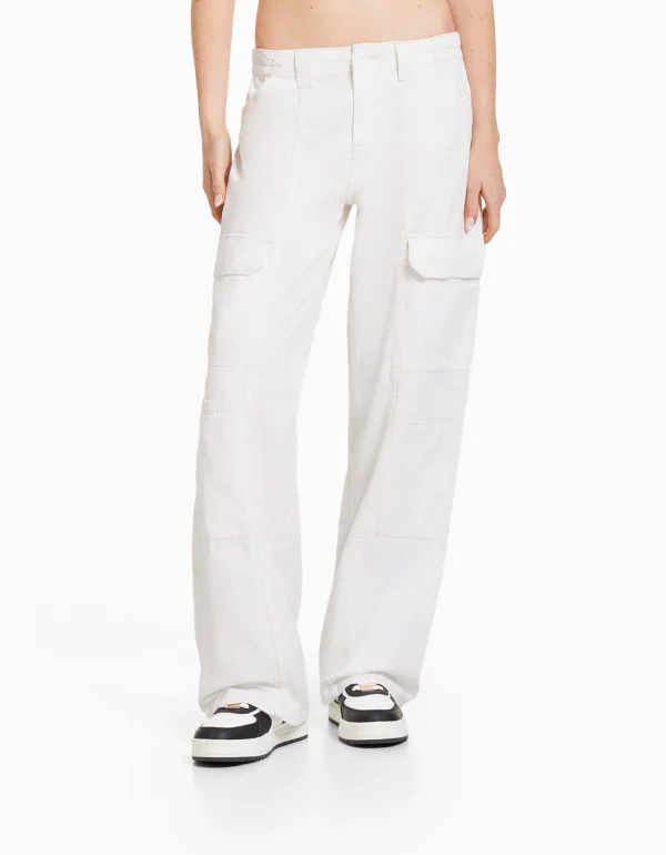 BERSHKA Vêtements*Pantalon cargo taille basse coton fil contraste Blanc cassé