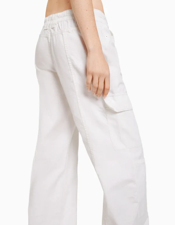 BERSHKA Vêtements*Pantalon cargo taille basse coton fil contraste Blanc cassé