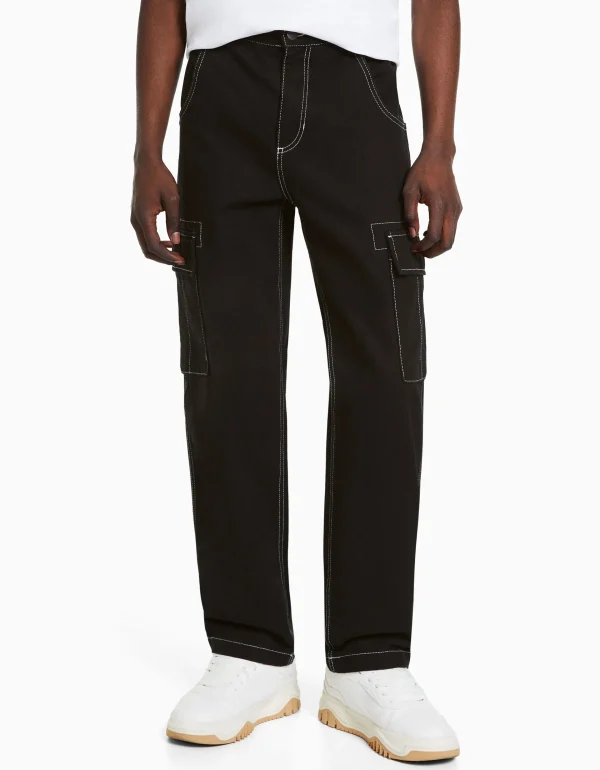 BERSHKA Vêtements*Pantalon cargo wide fil contraste Noir