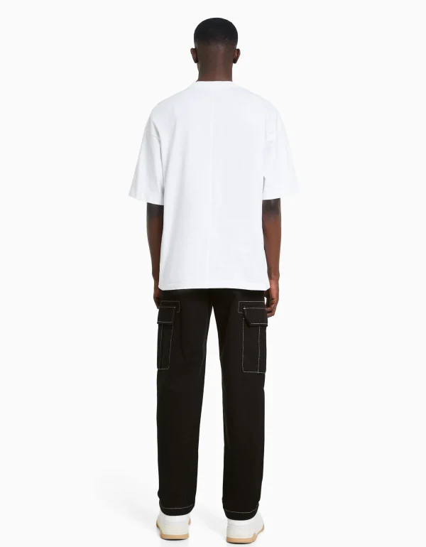 BERSHKA Vêtements*Pantalon cargo wide fil contraste Noir