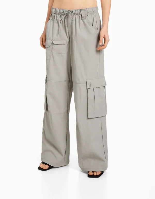 BERSHKA Vêtements*Pantalon cargo wide leg multipoches Gris