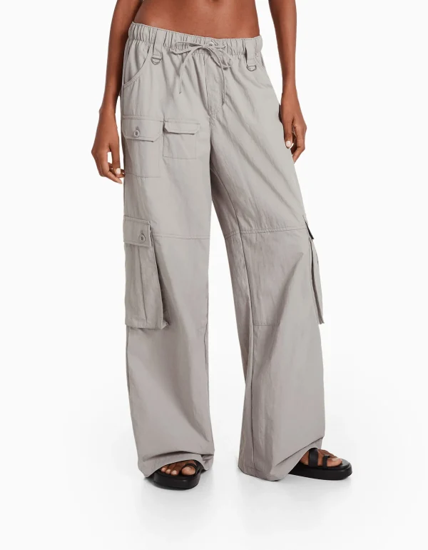 BERSHKA Pantalons*Pantalon cargo wide leg multipoches Kaki