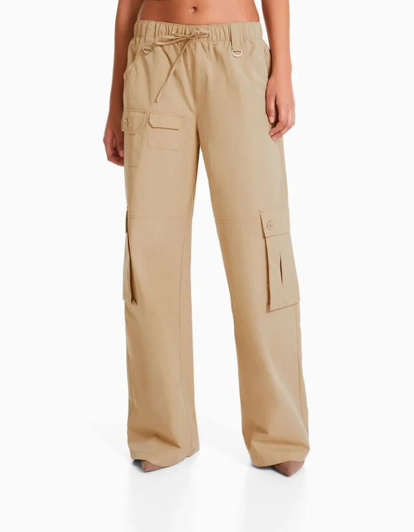 BERSHKA Pantalons*Pantalon cargo wide leg multipoches Kaki