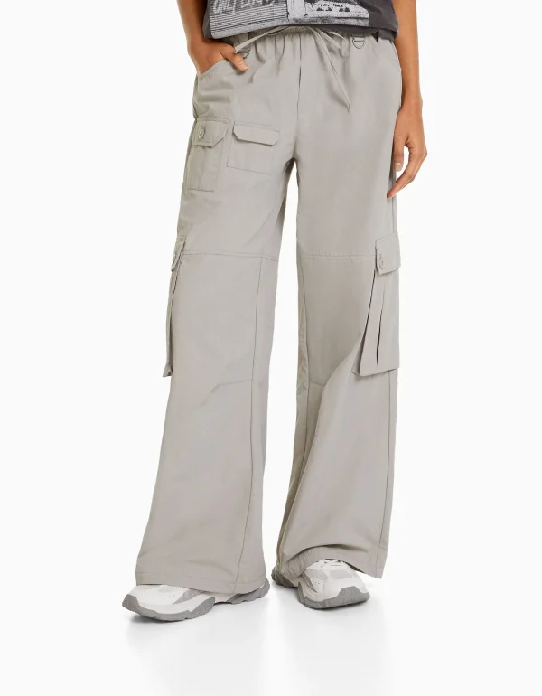 BERSHKA Vêtements*Pantalon cargo wide leg multipoches Kaki