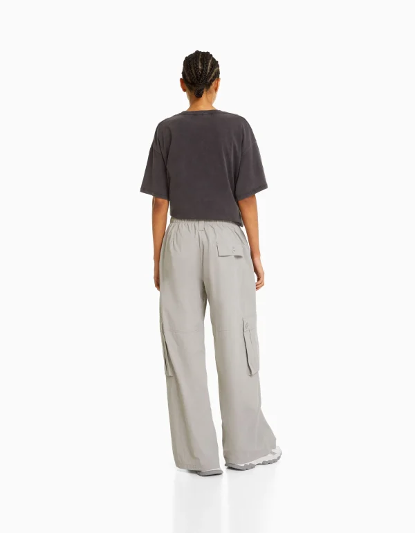 BERSHKA Vêtements*Pantalon cargo wide leg multipoches Kaki