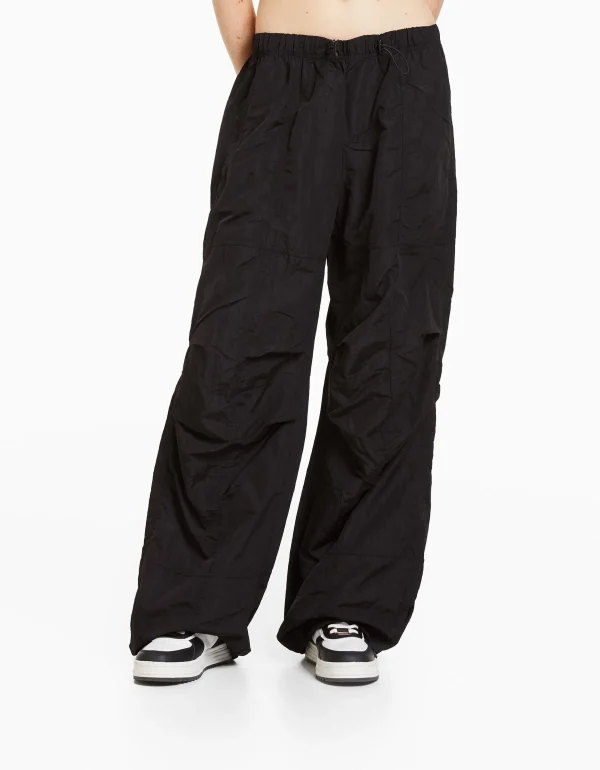 BERSHKA Vêtements*Pantalon parachute nylon Noir