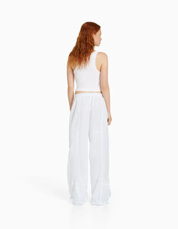 BERSHKA Vêtements*Pantalon parachute nylon Blanc