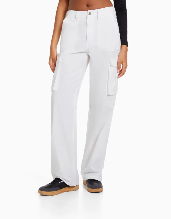 BERSHKA Pantalons*Pantalon straight cargo Blanc