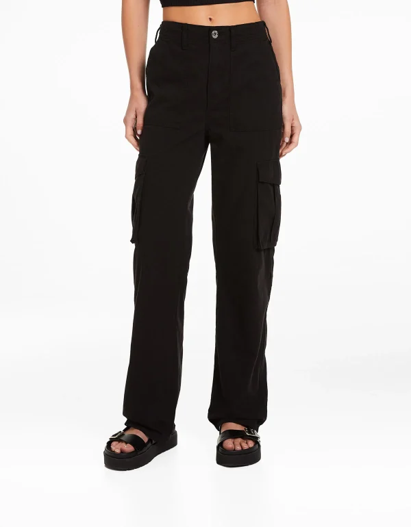 BERSHKA Pantalons*Pantalon straight cargo réglable Noir