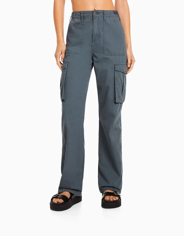 BERSHKA Pantalons*Pantalon straight cargo réglable Bleu