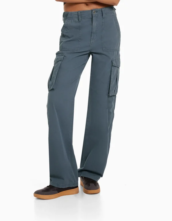 BERSHKA Vêtements*Pantalon straight cargo réglable Bleu