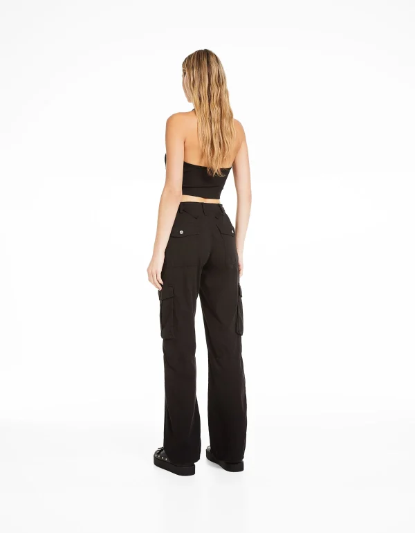 BERSHKA Pantalons*Pantalon straight cargo réglable Noir