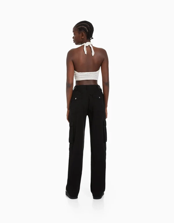 BERSHKA BSK Teen*Pantalon straight cargo réglable Blanc