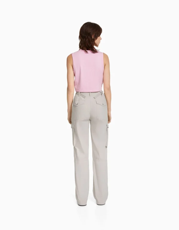 BERSHKA Vêtements*Pantalon straight cargo réglable Gris