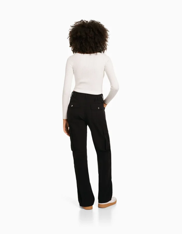 BERSHKA Vêtements*Pantalon straight cargo réglable Noir