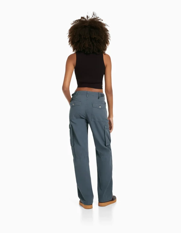 BERSHKA Vêtements*Pantalon straight cargo réglable Bleu