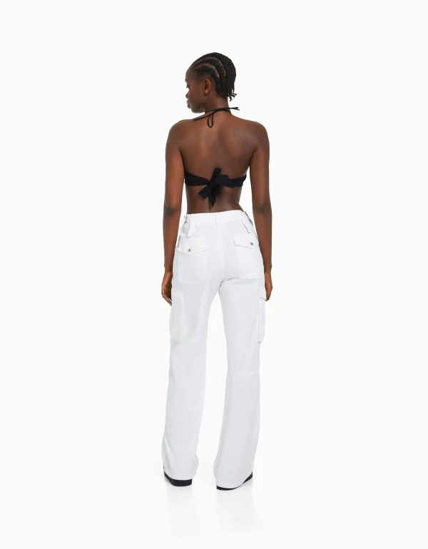 BERSHKA Vêtements*Pantalon straight cargo réglable Blanc