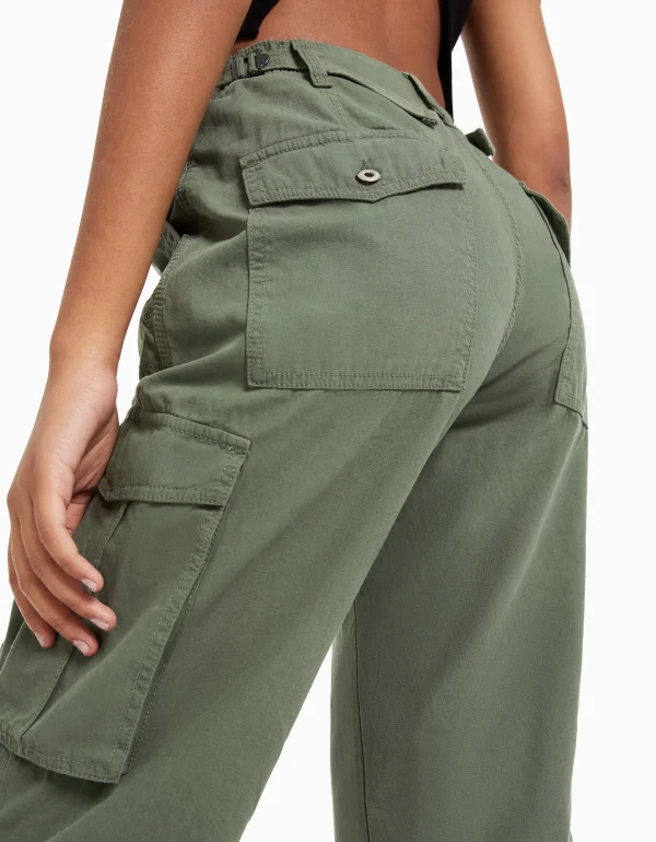 BERSHKA Vêtements*Pantalon straight cargo réglable Kaki