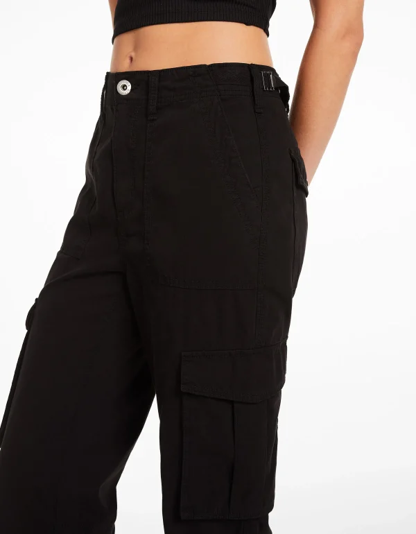 BERSHKA Pantalons*Pantalon straight cargo réglable Noir