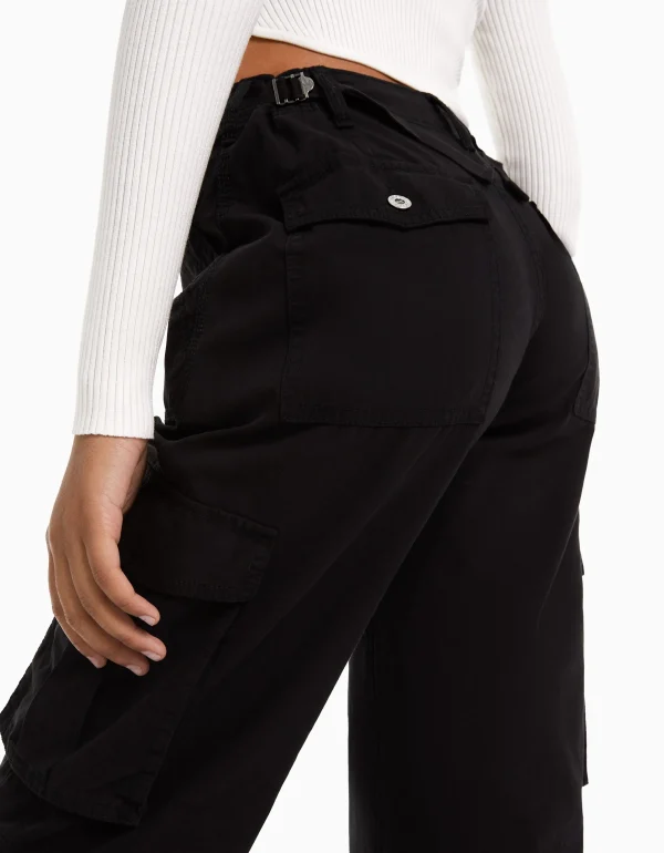 BERSHKA Vêtements*Pantalon straight cargo réglable Noir