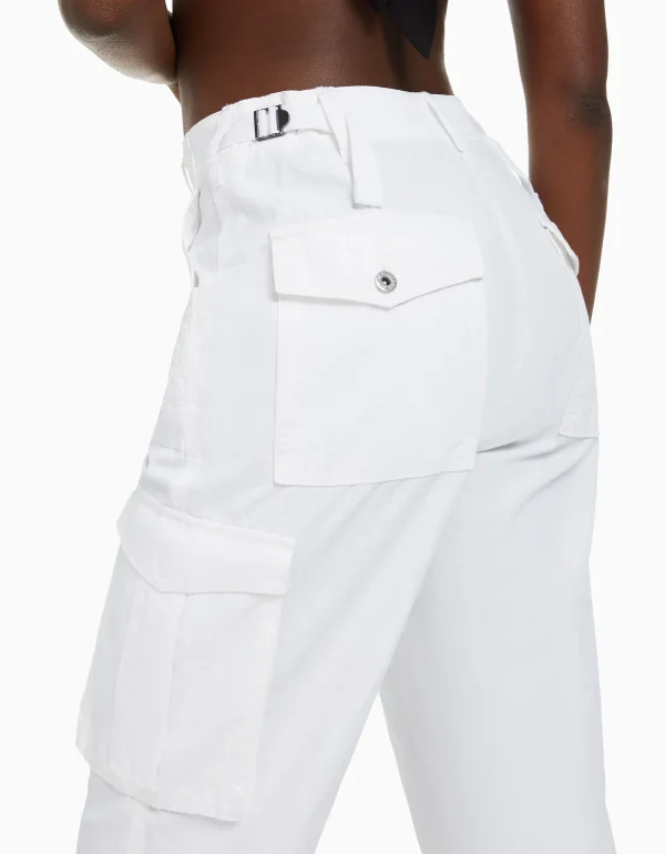 BERSHKA Vêtements*Pantalon straight cargo réglable Blanc