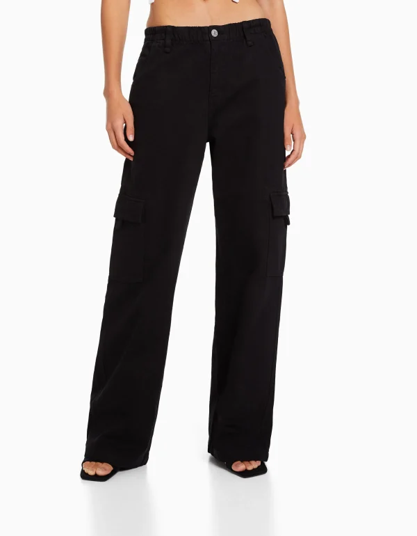 BERSHKA Vêtements*Pantalon straight cargo sergé taille élastique Noir