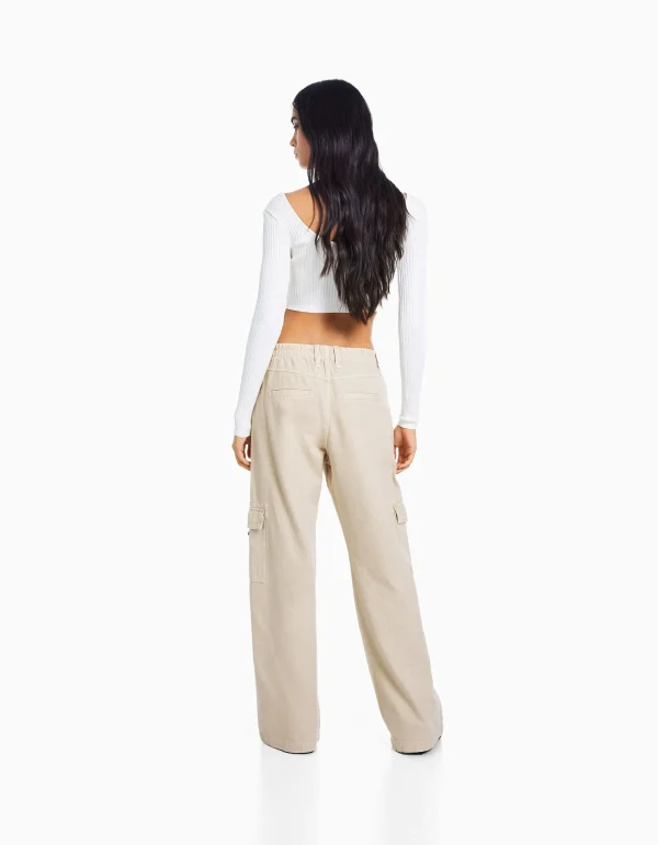 BERSHKA Pantalons*Pantalon straight cargo sergé taille élastique Bleu clair