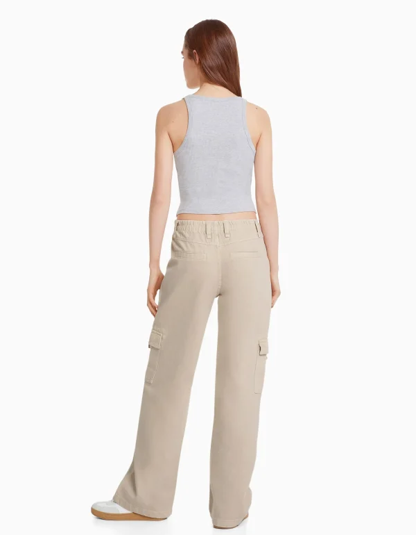 BERSHKA BSK Teen*Pantalon straight cargo sergé taille élastique Bleu clair