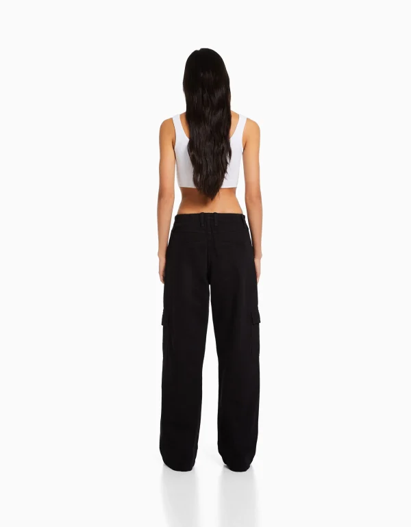 BERSHKA Vêtements*Pantalon straight cargo sergé taille élastique Noir