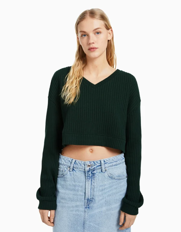 BERSHKA Maille*Pull à col en V Noir