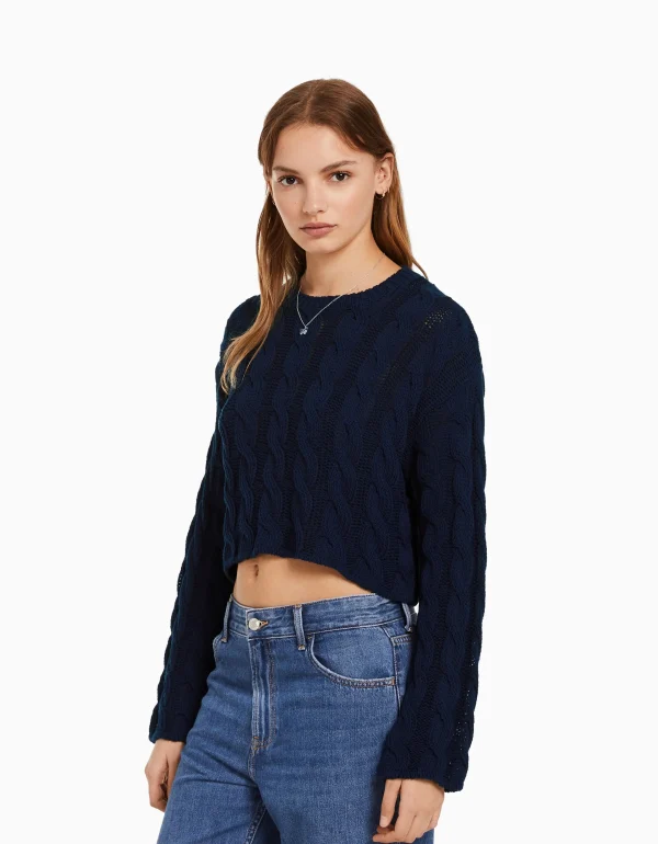 BERSHKA Maille*Pull à col rond à torsades Bleu