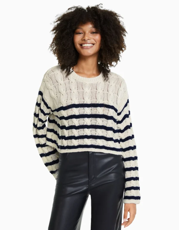 BERSHKA Maille*Pull à col rond à torsades Bleu