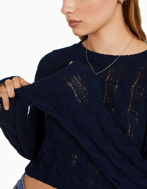 BERSHKA Maille*Pull à col rond à torsades Bleu