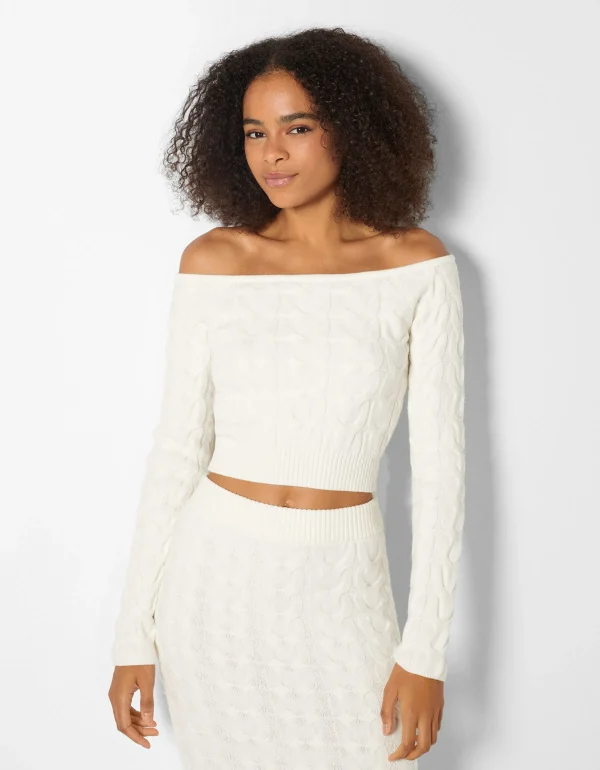 BERSHKA Maille*Pull Bardot tressé Écru